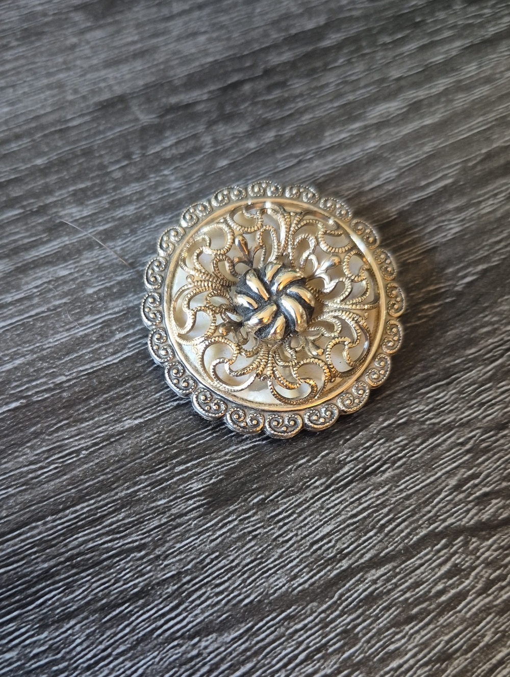 West Germany Ornate Filigree Metal Scarf Clip Silver Gold